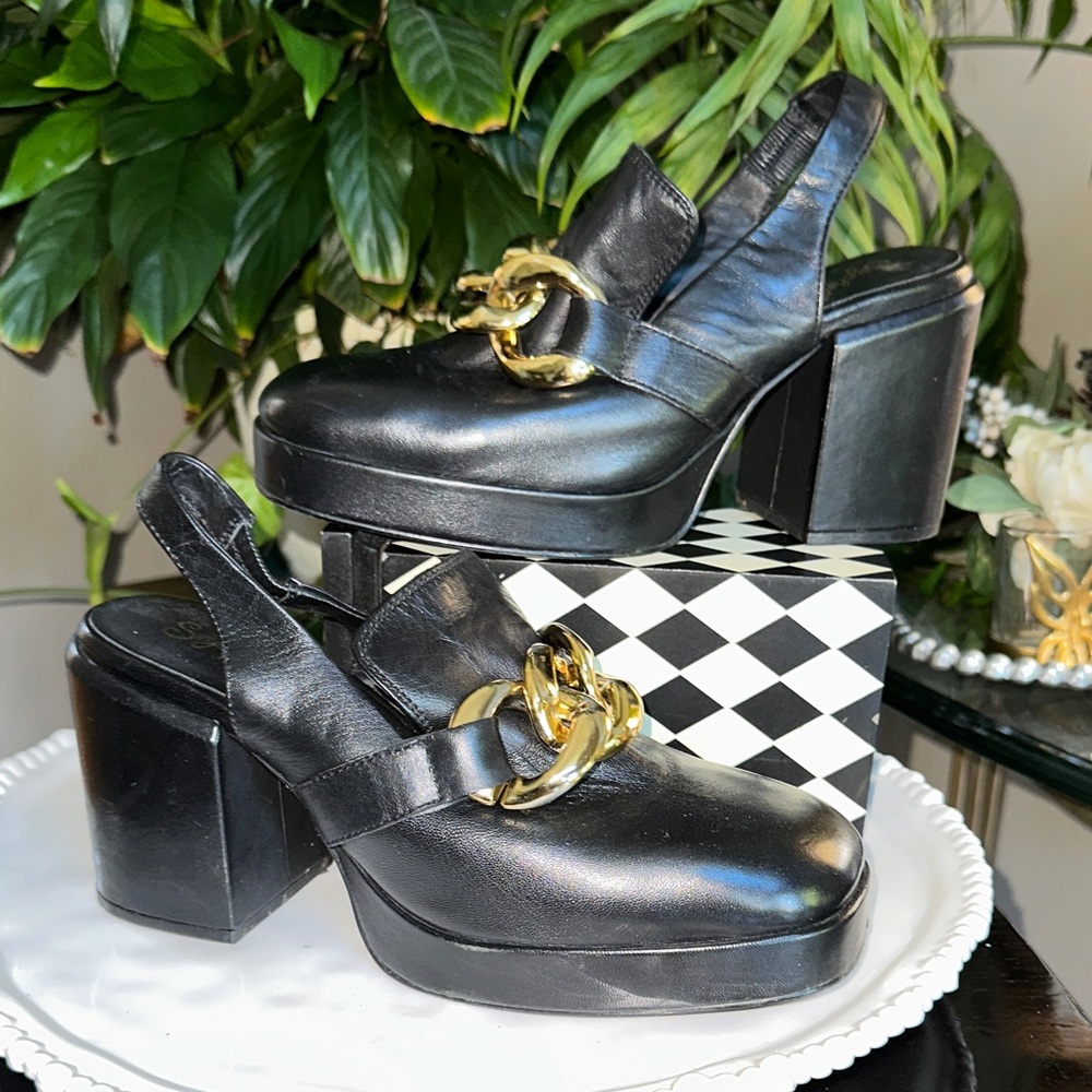 Seychelles Black Leather Mules with Gold Chain